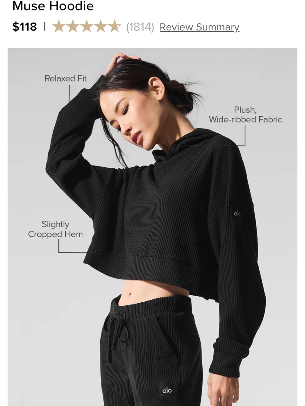 ALO Yoga Muse Hoodie - Black Ribbed Cropped Hoodie